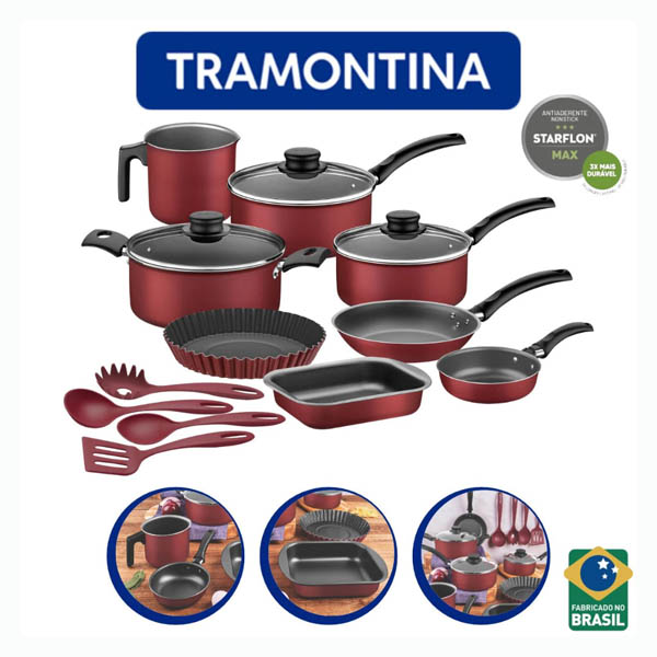 Jogo De Panelas Antiaderente Tramontina 12 Peças Turim Com Utensílios