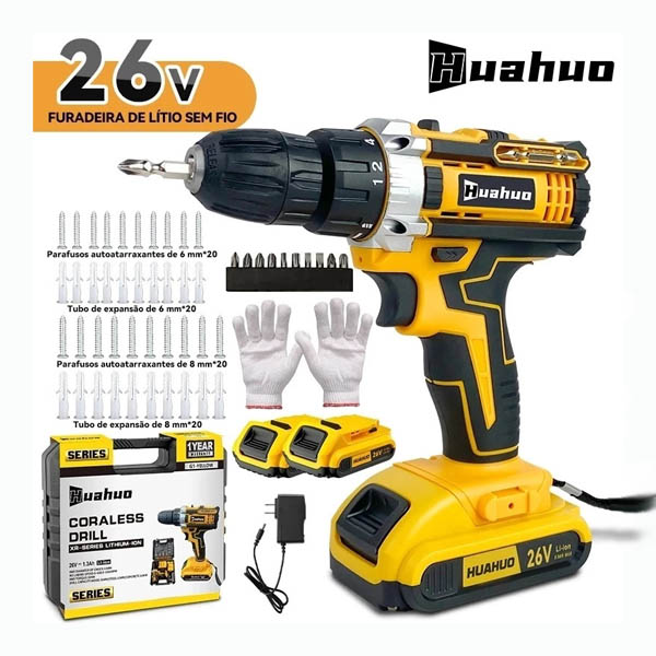 Furadeira Parafusadeira 26V Baterias Sem Fio Impacto Com Maleta Completa
